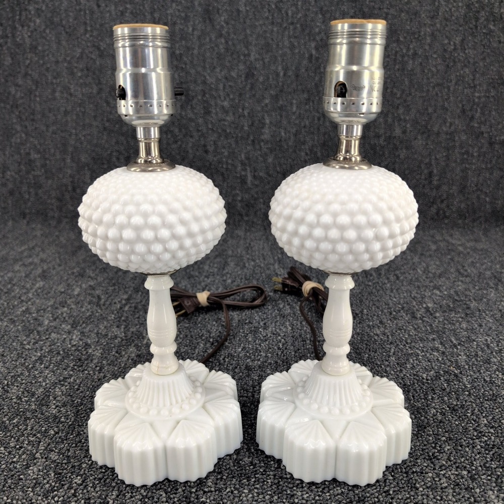 Vintage Milk Glass Table Lamps Pair White Hobnail Scalloped Star Base 11.5"